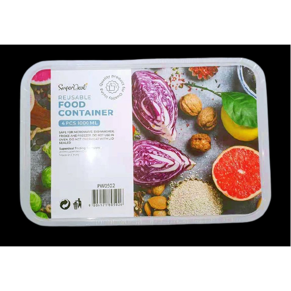 Microwavable Rectangular Plastic Container 4pc 1L