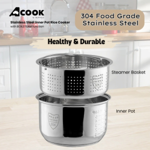 ACook by Buffalo BOILSTEAM Stainless Steel Inner Pot Mini Rice Cooker 2L (4-5 Cups)