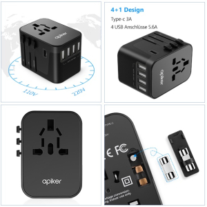 Apiker Universal Travel Adaptor with 4 USB Ports and Type C International Travel Plug for Worldwide Over 170 Countries