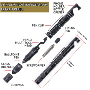 11-in-1 Multifunctional Tactical Pen with Compass Screw Bit for on the go