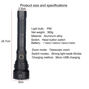 XHP90 Super Bright & Wide - 4 Core Tactical Torch Flashlight 3 Modes + 2 x 26650 Batteries